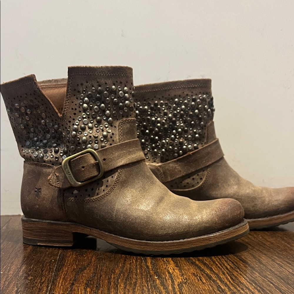 Frye Distressed Brown Ankle Booties with Studs